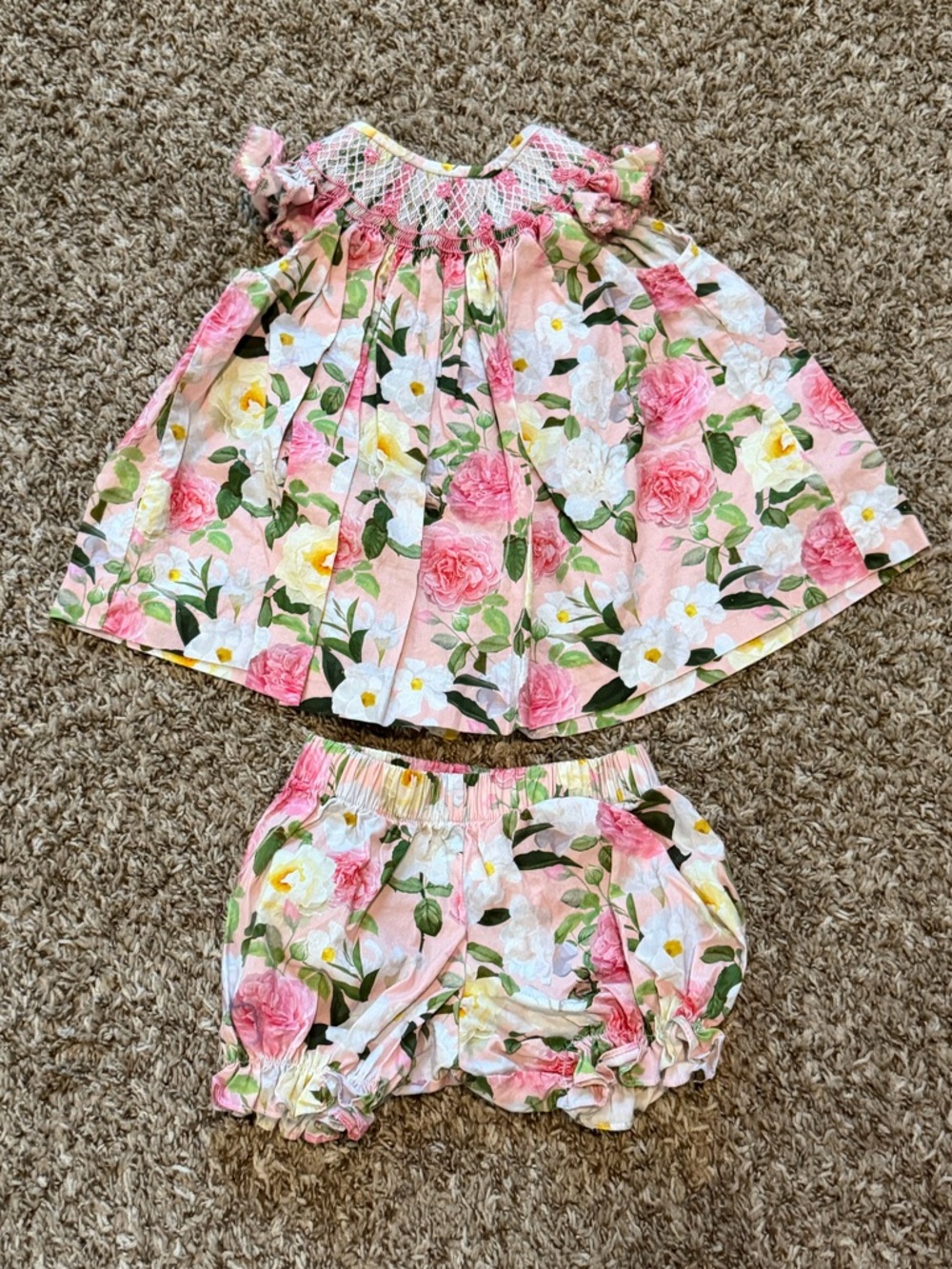 Pink Floral Smocked Top & Bloomers Set